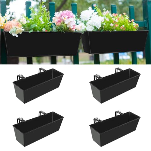 Holensun Railing Planter for Outdoor Plants 16 Inch Metal Rectangular Window Boxes with Adjustable Brackets and Drainage Hanging Flower Pots for Balcony Deck Railings Apartment Patio Decor Black(4PCS)