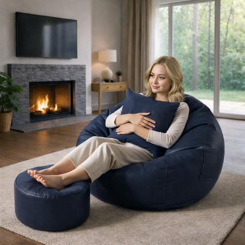 Image of IVIKA Bean Bag with Stool & Cushion | XXXXL Size Premium Leatherette Bean Bag for Gaming, Living Room & Bedroom (4XL - Navy Blue)