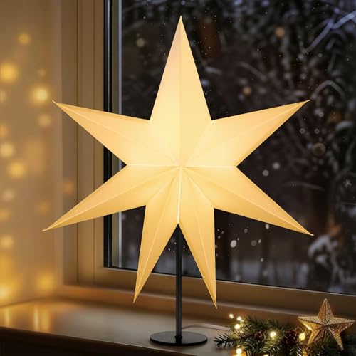 Lewondr 3D Papiersterne Weihnachten Tischlampe, 17,72' 7-zackiger...