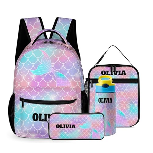 Custom Colorful Mermaid Tail 4Pcs Backpack Set with Lunch Bag Pencil Case Water Bottle Personalized Name Text School Book Bags Customized Backpack Set for Girls Boys Kids