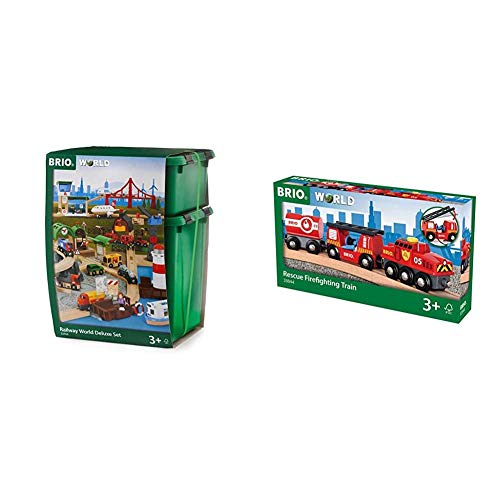 BRIO Bahn 33766 - Großes Premium Set in Kunststoffboxen & World 33844 Feuerwehr-Löschzug – Feuerwehrzug mit…