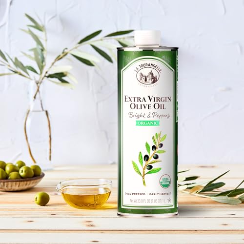 Image of La Tourangelle, Organic Extra Virgin Olive Oil, Cold-Pressed Early Harvest EVOO from Spain, Bright & Peppery, 33.8 fl oz (1 Liter) - Spanish with Polyphenols for Cooking, Drizzling, Marinades, and Dipping