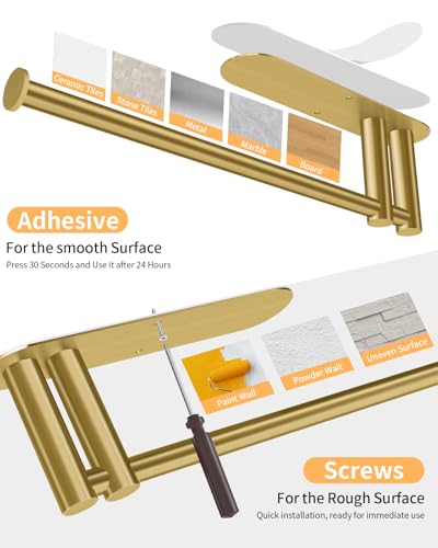 Image of STWWO Under Cabinet Paper Towel Holder, Self Adhesive PaperTowel Rack, Gold | Under Counter Under Sink Paper Towel Holder, Self-Adhesive or Wall Mounted, Fits Kitchens Bathrooms & RV
