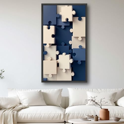 Tableau sur toile abstrait géométrique puzzle bleu et beige 21x30cm - 3