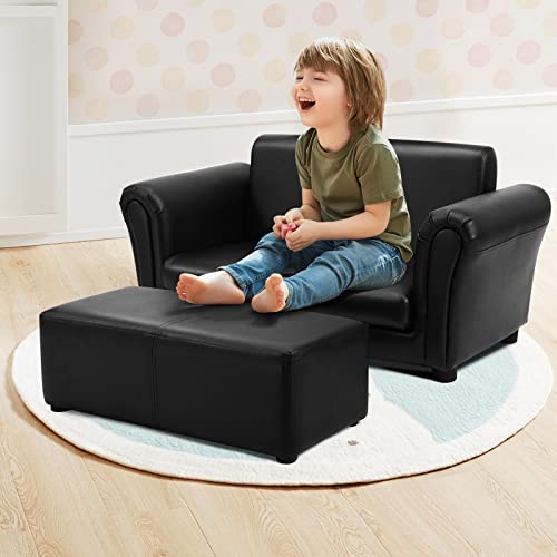HONEY-JOY-Kids-Sofa-2-Seat-Toddler-Couch-Lounge-Bed-with-Ottoman-Sturdy-Wood-Construction-Children-PU-Leather-Upholstered-Loveseat-Armrest-Chair-for-Bedroom-Living-Room-Double-Seat-wStool-Black HONEY JOY Kids Sofa 2 Seat Toddler Couch Lounge Bed with Ottoman Sturdy Wood Construction Children PU Leather Upholstered Loveseat Armrest Chair for Bedroom Living Room Double Seat wStool Black
