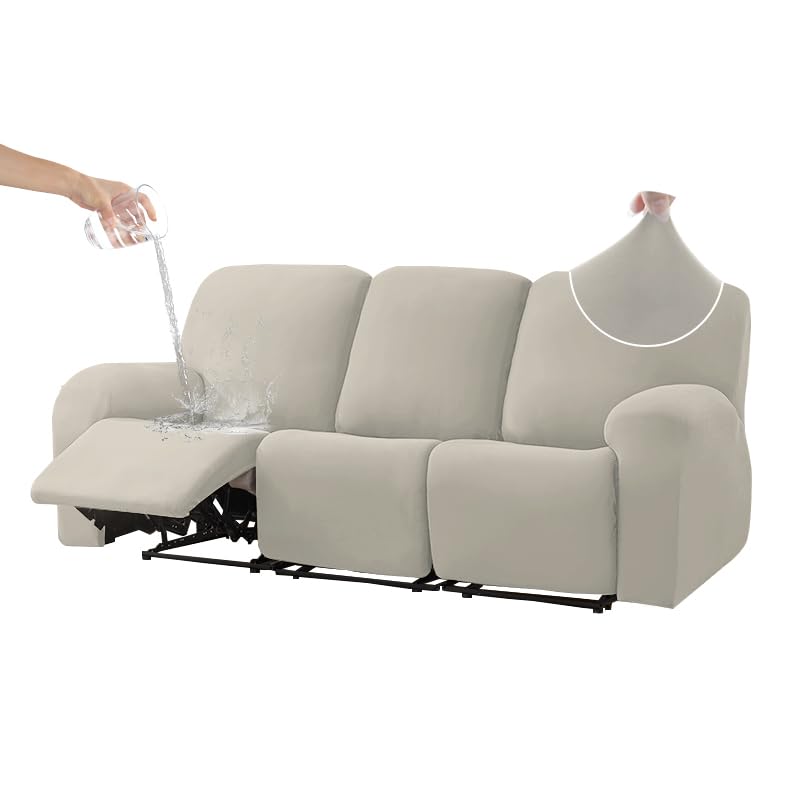 HDCAXKJ 100% Waterproof 8-Piece Recliner Couch Cover for Reclining Couch 3 Seat Super Stretch Soft Recliner Sofa Covers for 3 Cushion Couch Recliner Set Slipcovers Protector (Air Gray, 3 Seat)