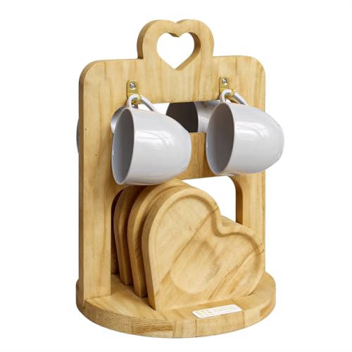 Jogo Xicara Café Branca Porcelana com Pires e Suporte Madeira, Mundo da Porcelana