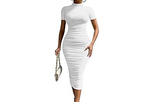 Women's Elegant Bodycon High Neck Short Sleeve Ruched Midi Cocktail Dress