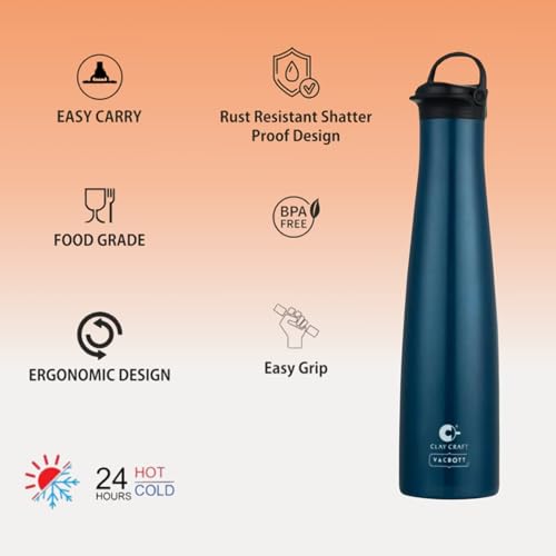 Image of Clay Craft Vacbott Vega Double Walled|18 Hours Hot and 24 Hours Cold Water Bottle Vacuum Insulated|Flask Bottle 650ml|2 Pcs|Home|Kitchen|Hiking|Travel Bottle|BIS Certified|1Year Limited Warranty