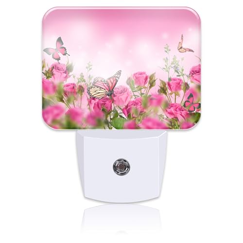 Image of Beautiful Pink Roses Plug in Night Lights, Pink Butterfly Nightlight Plug Into Wall Dusk to Dawn Sensor for Kid Girls Boys Women Men Room, Hallway, Kitchen, Bathroom, Stairs Decor