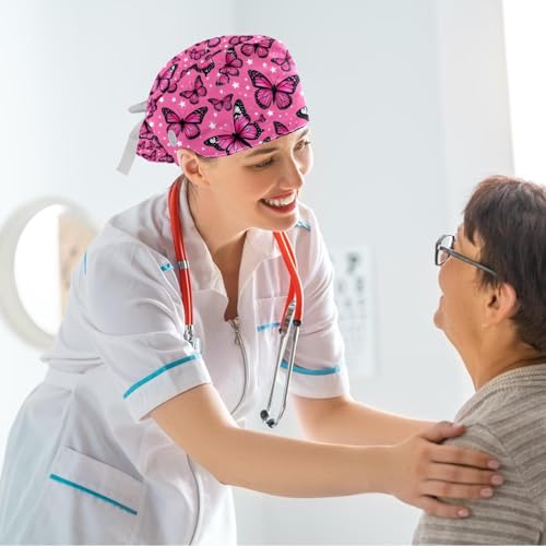 Image of Butterfly Scrub Cap Women with Ponytail & Buttons Adjustable Surgical Nurse Hat with Cotton Sweatband for Long Hair