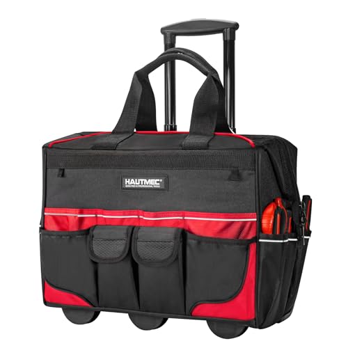 HAUTMEC 18" Rolling Tool Bag with Wheels, 23-Pocket Portable Tool Box Organizer with Water-Resistant Oxford Fabric, Wide-Mouth Design, Oversized Wheels & Telescoping Handle - HT0059