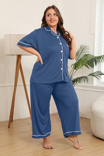 Image of Vozanet Women's Plus Size Pajamas Button Down Shirt and Pants Soft Lounge Sets Bride Nighty Bottom with Pockets 1x to 5x