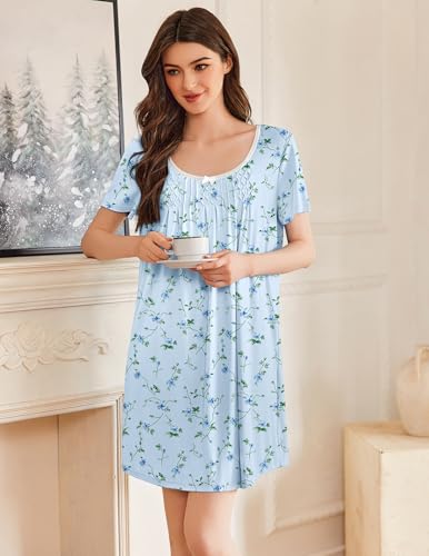 Ekouaer Nightgowns for Women Pleated Sleep Shirts Short Sleeve Night Shirts Lace Trim Night Gown Ladies Sleep Dress3