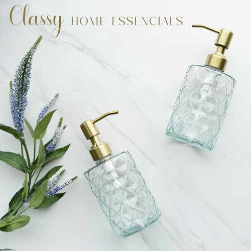 Image of JASAI Diamond Design Glass Soap Dispenser with Golden Pump, Refillable Hand soap Dispenser for Kitchen, Soap Dispenser Bathroom for Soap, Hand soap, Dish Soap, Lotion.