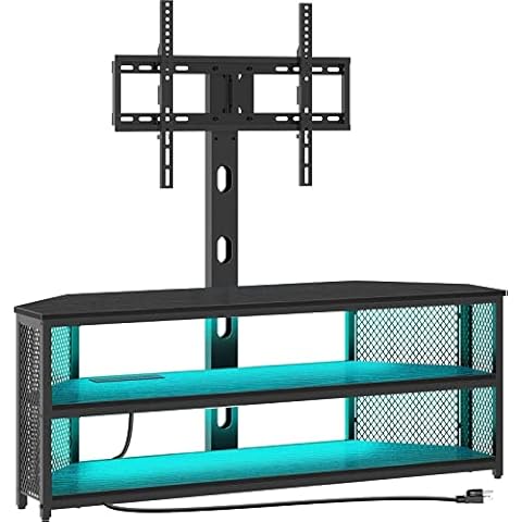 Rolanstar TV Stand with Mount and Power Outlet, Swivel TV Stand Mount with LED Lights for 32/45/55/60/65/70 inch TVs, Black Entertainment Center Media Console with Height Adjustable Mount Cover