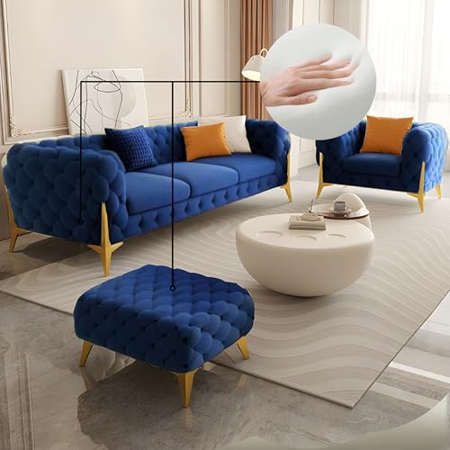 Image of Classic 3+1= 4 Seater with Footrest Seater Sofa Set Luxury Chesterfield Modern Fahionalable Sleeper Sofa for Living Room, Dining Room, (Blue F)