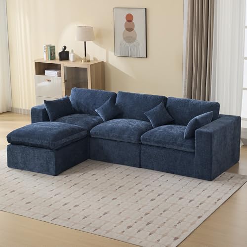 Image of 115''Cloud Boneless Sectional Couch, Modular Sectional Sofa Deep Seat with Ottoman, Oversized Upholstered Convertible Comfy 4 Seater Chenille Sofa L Shape Couches for Living Room, Navy