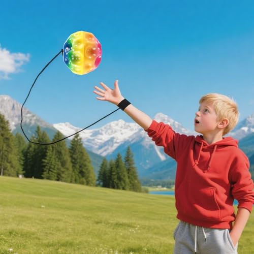 CYEER 12er Set Handgelenk-JoJo Bälle mit Schnur – 6,3cm Bunte Springbälle mit verstellbarem Armband – Ideale Mitgebsel für Kindergeburtstag, Koordinationstraining & Stressabbau – Regenbogen-Design