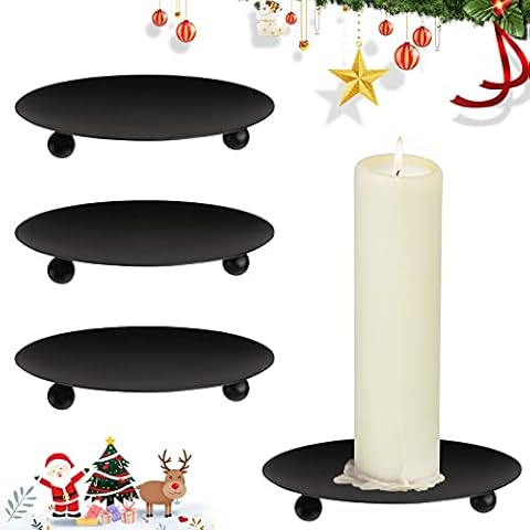 4 Pieces Pillar Candle Holders Retro 11cm Black Iron Candle Holders Church Candle Plates Round Candlestick Holder Christmas Candle Dish Plate Candle Base for Incense Cones,SPA,Wedding Party Dinning Cover