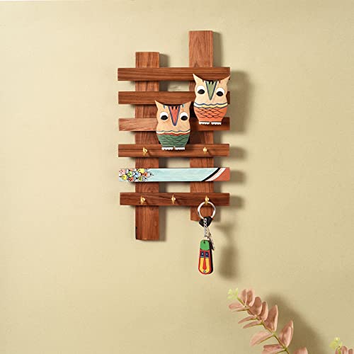 Image of AAKRITI ART CREATIONS Key Holder, Midnight's Owl Key Hanger | Rustic Teak Wood Wall Organizer with 5 Hooks | New Home Gifts | Multifunctional Entryway Decor Item