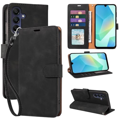 JHWVVTF for Galaxy A16 Case Wallet [RFID Blocking 4 Card Slots] Phone Stand Wrist Strap Magnetic Closure Soft Leather Shockproof Protective Flip Cases Cover (Black)