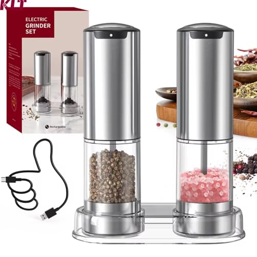 Electric Salt and Pepper Grinder Set, Rechargeable, Stainless Steel with LED Light, 2-Piece with Charging Stand