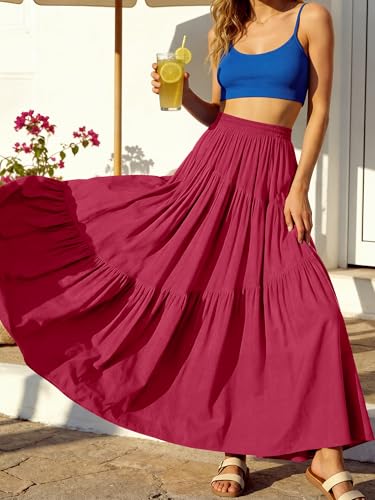 Image of ANRABESS Women's Boho Elastic High Waist Pleated A-Line Flowy Swing Asymmetric Tiered Maxi Long Skirt Dress with Pockets
