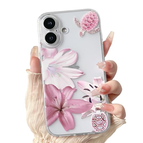 Lovmooful Compatible for iPhone 17 Case Cute Clear Pink Flower Floral Lily Animal Design for Girls Women Soft TPU Shockproof More Protective Girly for iPhone 17 Case-Turtles
