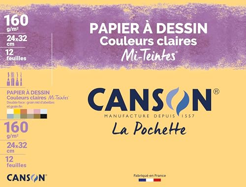 CANSON Mi-Teintes - Pochette 12 feuilles de papier dessin 24x32cm - 160g/m² couleurs claires