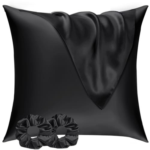 Taie Oreiller Satin 65x65 Lot de 2,pour Cheveux,Similaire Aux Taie d Oreiller en Soie,Taies d'oreillers 65x65 certifié Oeko-Tex & 2 Satin Chouchous Noir Vielit
