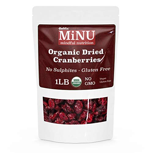 MiNU Organic Premium Dried Cranberries 16 oz (1 lb) Mindful Nutrition, No Sulfur, No Added Processed Sugar, Dried, Superfood, Raw, Paleo, Vegan, NonGMO, (apple juice infused) gomix