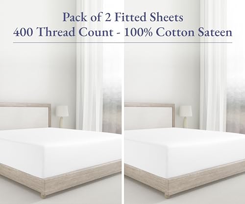 2 California King Fitted Sheets, 400 Thread Count 100% Cotton Sateen, Deep Pocket Cal King Fitted Sheets That Stay Tight (Bright White)