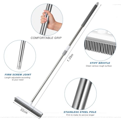 Tierhaarentfernungsbesen mit langem Griff, verstellbarer Teppichrechen für Katzen und Hunde, Gummibesen mit eingebautem Rakel, Fusselentferner, Bürste für Teppiche, Couch, Teppiche, Matten, Treppen – Bild 3