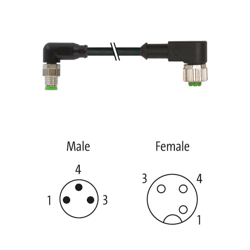 Wiring Connecting Terminals - 7000-88321-6100030 Murr M8 Male 90° / M12 Female 90° A-cod. PVC 3x0.25 bk UL/CSA 0.3m 100%