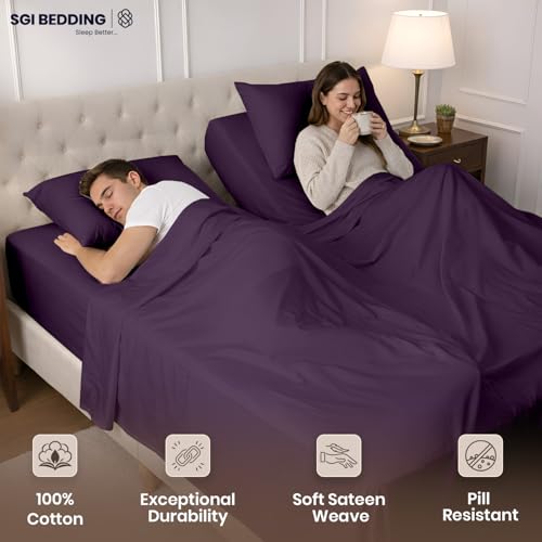 Image of SGI Split King Sheet Set for Adjustable Bed Egyptian Premium Cotton 600 Thread Count Sheets for Sleep Number Bed 15 inch Deep Pocket 5 Pc Set with 2 Twin XL Fitted Sheets Soft Breathable -Plum