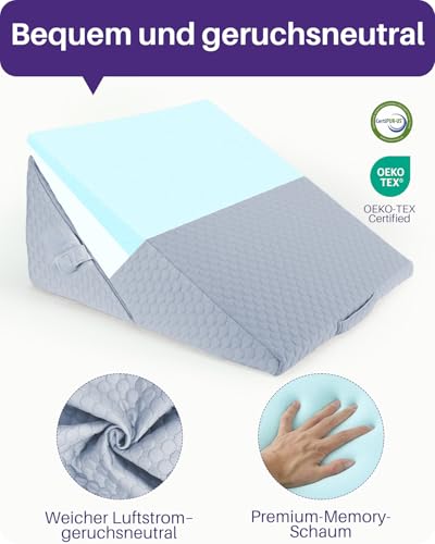 Kekoy Verstellbares Keilkissen Bett: Schlafapnoe, Säure Reflux, Rückenschmerzen, Schnarchen. Genesung – Memory-Schaum Reflux Kissen, waschbare Hülle, Griff (Grau, 23 und 30,5 cm)