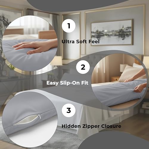 Image of ROYALE LINENS Body Pillow Cover - Double Brushed 1800 Microfiber - 20 inchx54 inch with Hidden Zipper Closure - Wrinkle & Fade Resistant - Super Soft Body Pillowcase 2 Pack (Silver, Pack of 2)