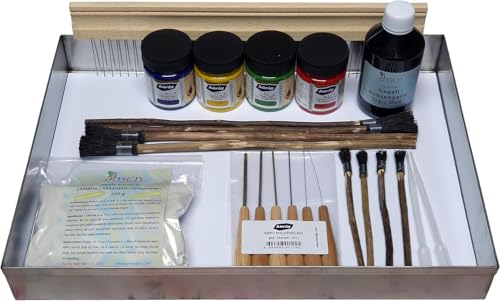 Ahsen Traditionelles Ebru Set 23-teiliges Marmorier-Komplettset mit A3-Edelstahlwanne Farben Pinseln Kamm Ochsengalle Carrageen Ideal für Anfänger & Fortgeschrittene