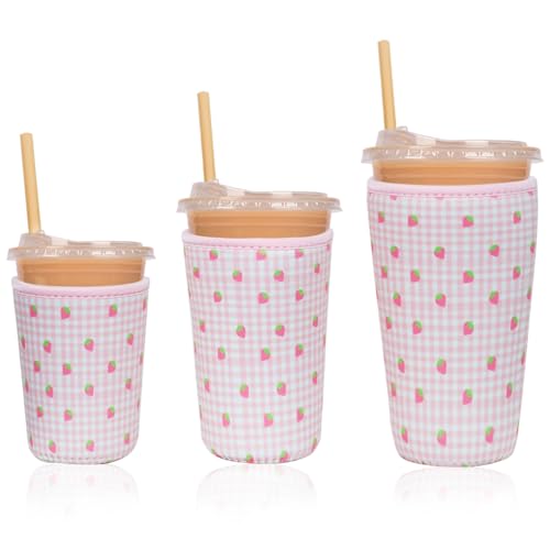 Image of Reusable 3-Pack Iced Coffee Cup Sleeve, Insulated Neoprene, Beverage Holder for Iced Coffee, Durable Drink Sleeve for Cold Beverages, Strawberry Grid