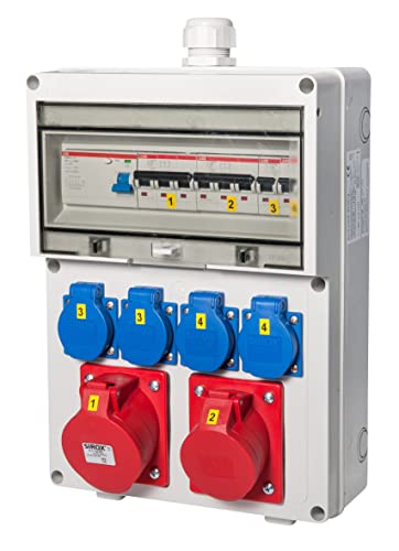 VOTHA Wandverteiler WÜRZBURG | Verdrahtete Steckdosenkombination zur Wandmontage | CEE 32 A & 16 A + 4x 230 V | FI-Schutzschalter & LS-Schalter | IP54 | abschließbare Makrolonabdeckung