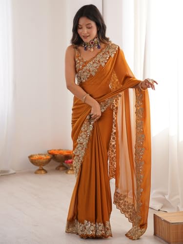 Image of AKHILAM Women's Satin Embroidered Sequins Work Saree With Unstitched Blouse Piece (AARYAN22901 KR Parent)