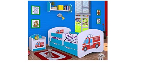 BDW Kinderbett mit Matratze und Bettkasten - NEU, 140/160/180/190 Verschiedene Motive Für Junge BLAU !!! (Feuerwehr, 140x70)
