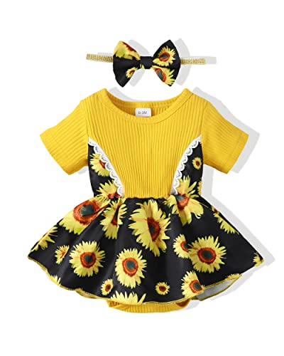 Image of Renotemy Baby Girl Dresses 6-12 Months Summer Baby Girl Romper Dress with Headband Cute Baby Girl Outfits 6-12 Months Yellow