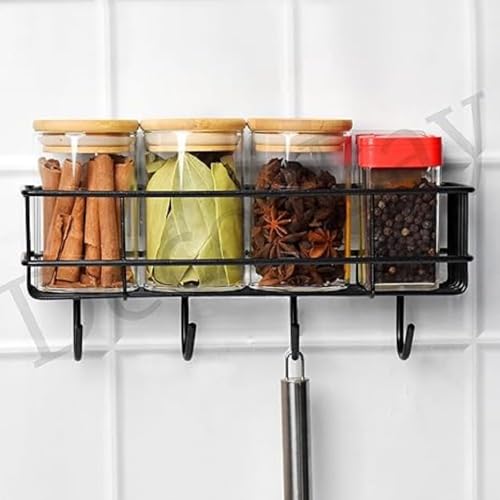 Image of Xmart India Bathroom Shelf for Wall, Self Adhesive Bathroom Organiser, 4 Hooks for Towel Holder, Wall Mounted Bathroom Shelf, Bathroom Organiser Without Drill Kitchen Organizer Rack(1 Pc, Black)