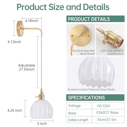 Image of Shenmoyl Vintage Wall Sconce with White Tulip Shade Pattern Glass Adjustable Chain Retro Gold Wall Mounted Light, Modern Wall Lamp Fixtures Decor for Bedside Bedroom Indoor Doorway