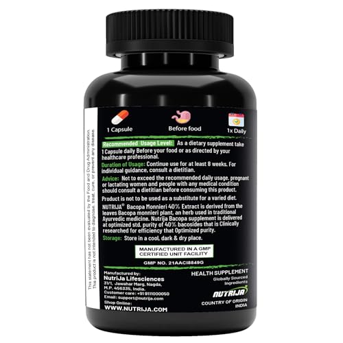 Image of NutriJa Brahmi - Bacopa Monnieri Extract 500mg Capsules with 40% Bacosides | 120 Veg Capsules