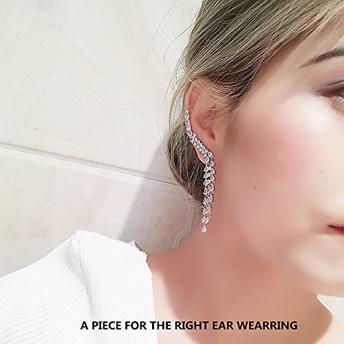 1Pc Of Cz Long Fringe Cuff Crystal Stud Earring Right Ear Crawler Climber For Women Girls Bridal 925 Sterling Silver Post Pin Dainty Rhinestone Tassel Chandelier Drop Dangle Statement Wedding Jewelry #TOP2