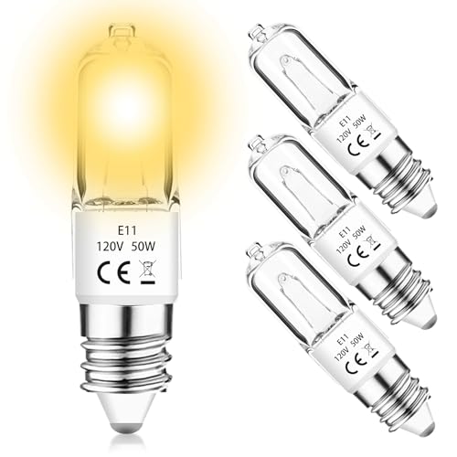 JDE11 120V 50W Halogen Bulbs,T4 JD E11 Tungsten Halogen Mini Candelabra Bulb 50 Watt Dimmable,Warm White 2800K Replacement E11 LED Light Bulb for Chandeliers/Ceiling Fan/Cabinet Light,4 Pack