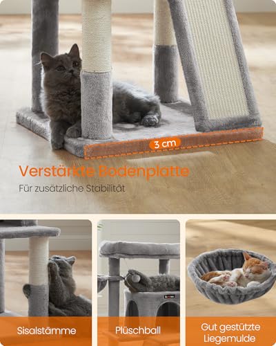 Feandrea Kratzbaum, 96 cm hoch, Katzenbaum mit großer Plattform, Katzenkratzbaum mit Katzenhöhle, Hängematte, Kratzrampe, Plüschball, weicher Plüsch, hellgrau PCT51W
